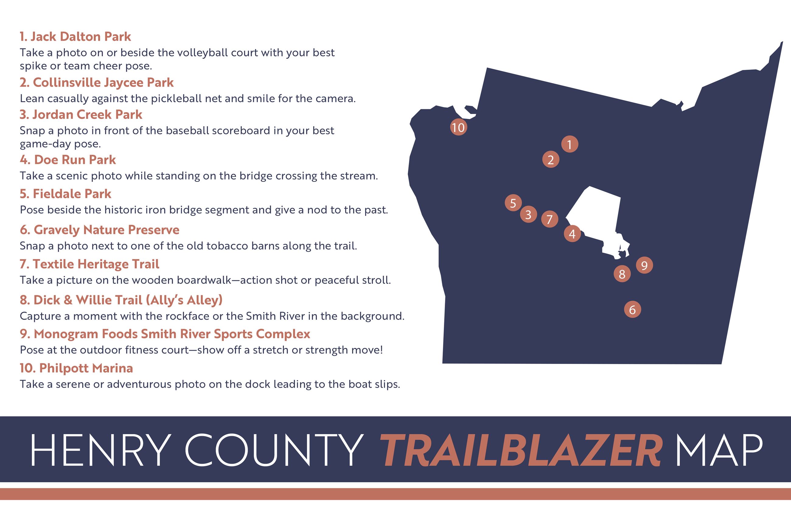 a map that identifies locations around Henry County that are part of the Trailblazer Challenge